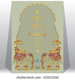 Indian wedding card, Elephant patterned gold and crystals color.