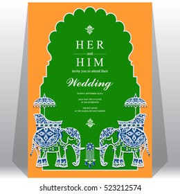 Indian wedding card, Elephant patterned gold and crystals color.