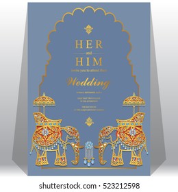 Indian wedding card, Elephant patterned gold and crystals color.