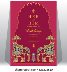 Indian wedding card, Elephant patterned gold and crystals color.