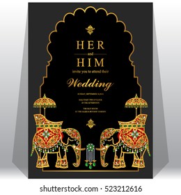 Indian wedding card, Elephant patterned gold and crystals color.