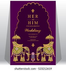 Indian Wedding Card Elephant Patterned Gold Stock Vector (Royalty Free ...