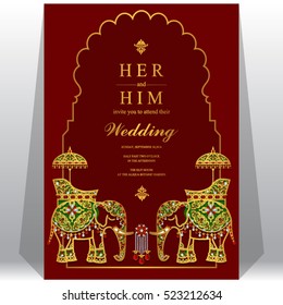 Indian wedding card, Elephant patterned gold and crystals color.