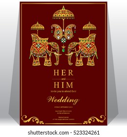 Indian wedding card, Elephant patterned gold and crystals color.