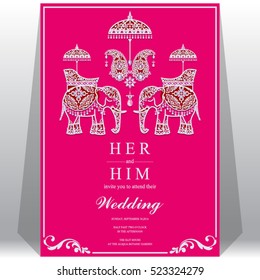 Indian wedding card, Elephant patterned gold and crystals color.