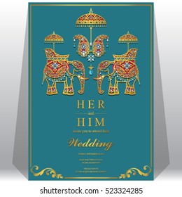 Indian wedding card, Elephant patterned gold and crystals color.