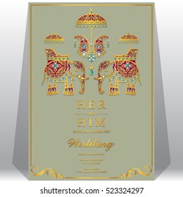 Indian wedding card, Elephant patterned gold and crystals color.