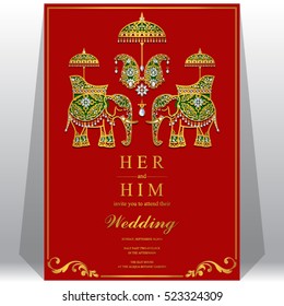 Indian wedding card, Elephant patterned gold and crystals color.