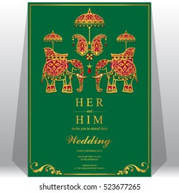 Indian wedding card, Elephant patterned gold and crystals color.