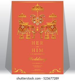 Indian wedding card, Elephant patterned gold and crystals color.