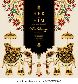 Indian wedding card, Elephant patterned gold and crystals color.