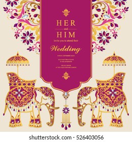 Indian wedding card, Elephant patterned gold and crystals color.