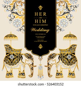 Indian wedding card, Elephant patterned gold and crystals color.