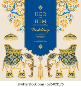 Indian wedding card, Elephant patterned gold and crystals color.