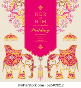 Indian wedding card, Elephant patterned gold and crystals color.