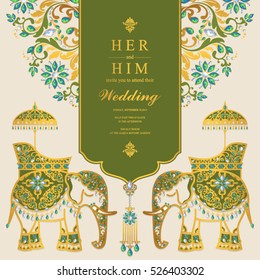 Indian wedding card, Elephant patterned gold and crystals color.