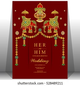Tarjeta de boda india, color dorado y cristales con motivos de elefante.
