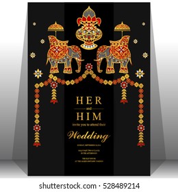 Indian wedding card, Elephant patterned gold and crystals color.