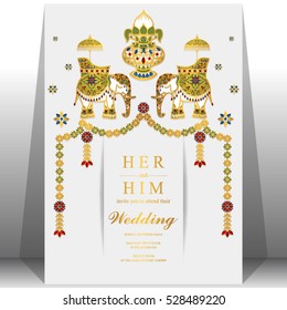 Indian wedding card, Elephant patterned gold and crystals color.