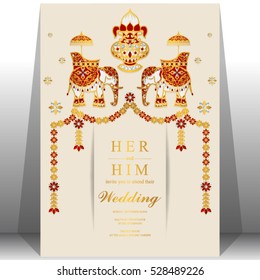 Indian Wedding Card, Elephant Patterned Gold And Crystals Color.