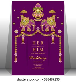 Indian wedding card, Elephant patterned gold and crystals color.