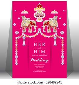 Indian wedding card, Elephant patterned gold and crystals color.