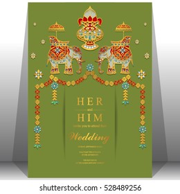 Indian wedding card, Elephant patterned gold and crystals color.