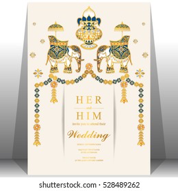 Indische Hochzeitskarte, Gold mit Elefanten und Kristalle.