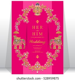 Indian wedding card, Elephant patterned gold and crystals color.