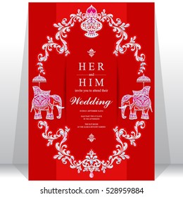 Indian wedding card, Elephant patterned gold and crystals color.