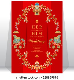 Indian wedding card, Elephant patterned gold and crystals color.