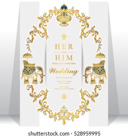 Indian wedding card, Elephant patterned gold and crystals color.