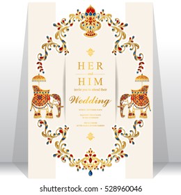 Indian wedding card, Elephant patterned gold and crystals color.