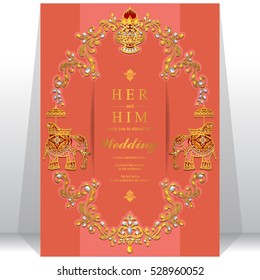 Indian wedding card, Elephant patterned gold and crystals color.