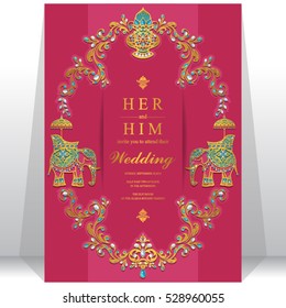 Indian wedding card, Elephant patterned gold and crystals color.