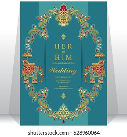 Indian wedding card, Elephant patterned gold and crystals color.
