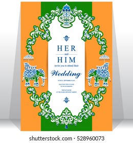 Indian wedding card, Elephant patterned gold and crystals color.