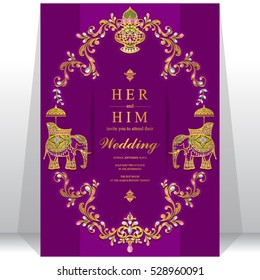 Indian wedding card, Elephant patterned gold and crystals color.