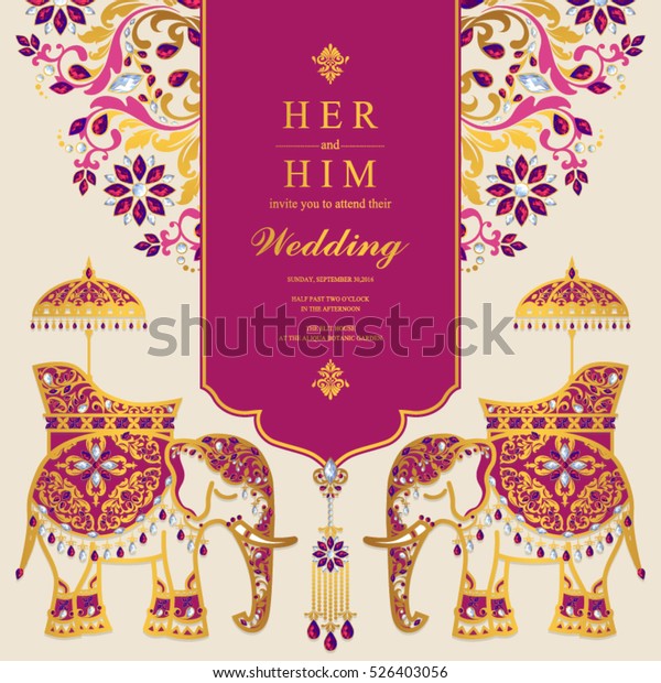 Indian Wedding Card Elephant Patterned Gold Stock Vector (Royalty Free ...