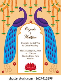 indian wedding card invitation design template with decorative peacock vector illustration