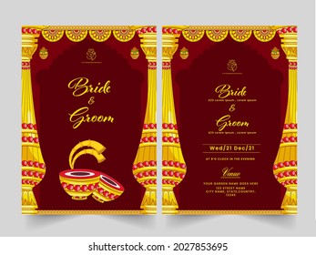 Indian Wedding Card Template Design With Venue Details In Dark Red And Yellow Color.