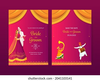 Indian Wedding Card Template Design With Event Details In Pink And Golden Color.