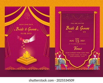 Indian Wedding Card Template With Fire Pit (Agnikund) In Pink And Orange Color.