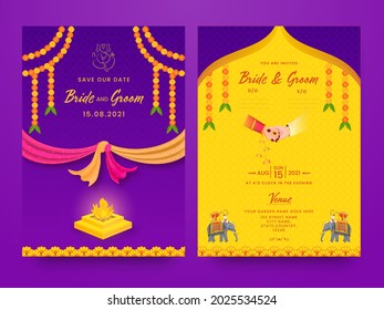 Indian Wedding Card Template Layout With Fire Pit (Agnikund) On Purple Background.