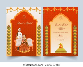 Indian Wedding Card Template Layout with Hinduism Newlywed Couple Character and Event Details.