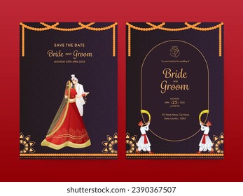 Indian Wedding Card Template Layout with Hinduism Newlywed Couple Character and Event Details.