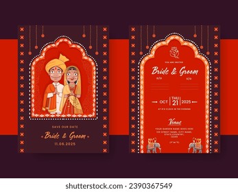 Indian Wedding Card Template Layout with Newlywed Couple Character Doing Namaste (Welcome) in Purple and Red Color.