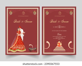 Indian Wedding Card Template Layout with Hinduism Newlywed Couple Character and Event Details.