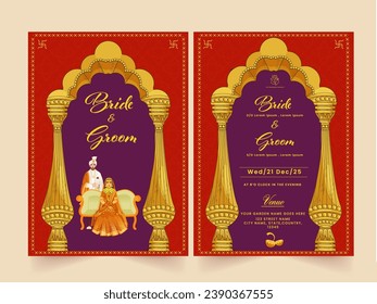 Indian Wedding Card Template Layout with Hindu Bridegroom Character and Event Details.