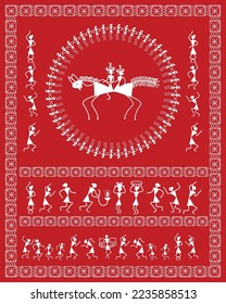 Indische Hochzeitsfeier in der Warli-Kunst: Groom und Braut warme Illustration, Zeichnung, Gemälde, Wandkunst.